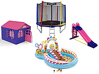 НАБОР "КАРАМЕЛЬ": Детский пластиковый домик, большая горка ТМ Doloni батут и надувной игровой комплекс INTEX