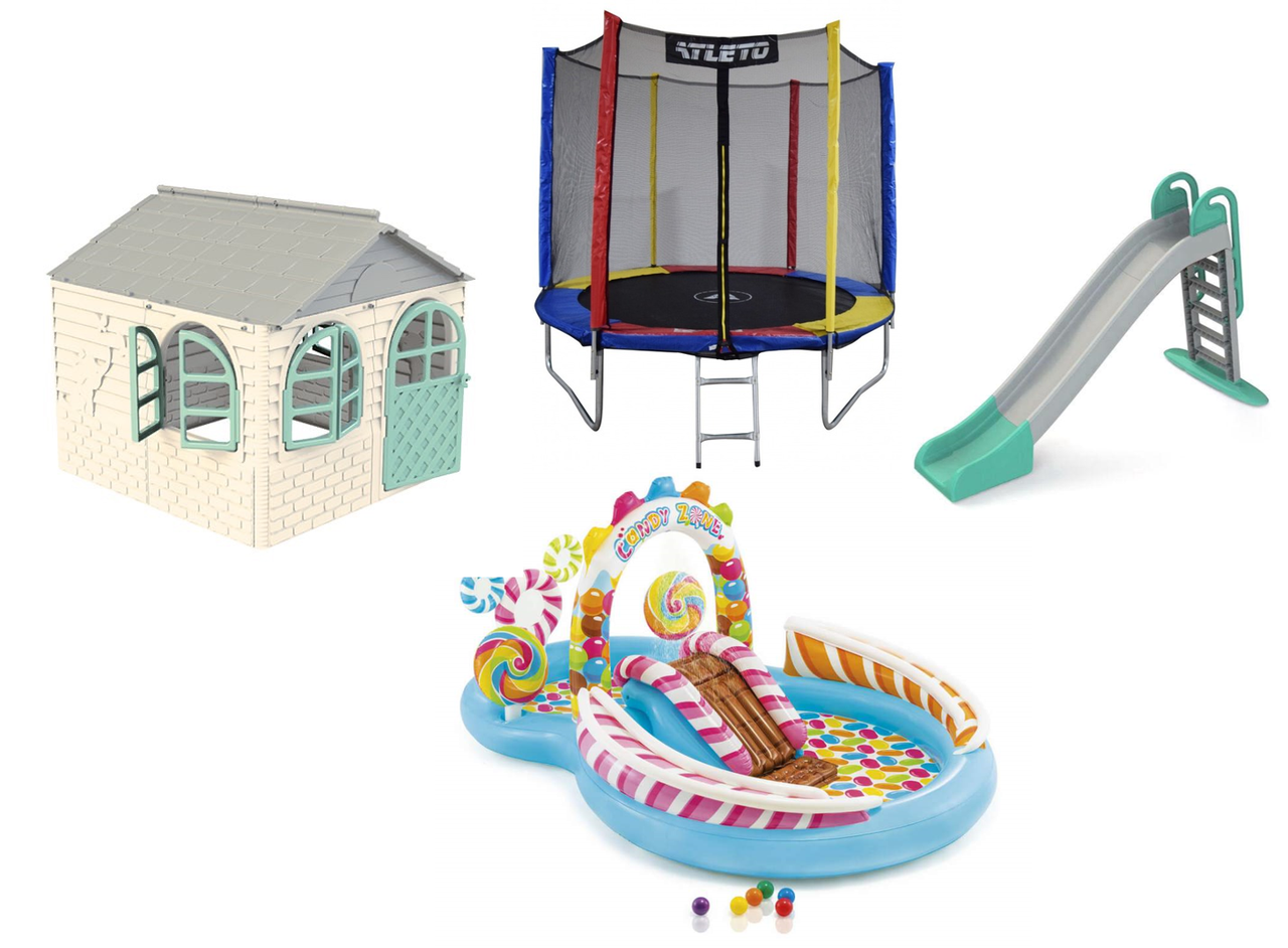 НАБІР "КАРАМЕЛЬ": Дитячий пластиковий будиночок зі шторками, велика гірка ТМ Doloni батут і надувний ігровий комплекс INTEX