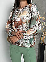 Жіноча легка літня блузка з довгими рукавами, вільна. Приємна тканина софт. Оливковий, 56-58