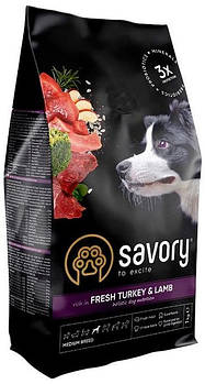 Сухий корм для собак середніх порід зі свіжим м'ясом індички та ягняти Savory 1 кг