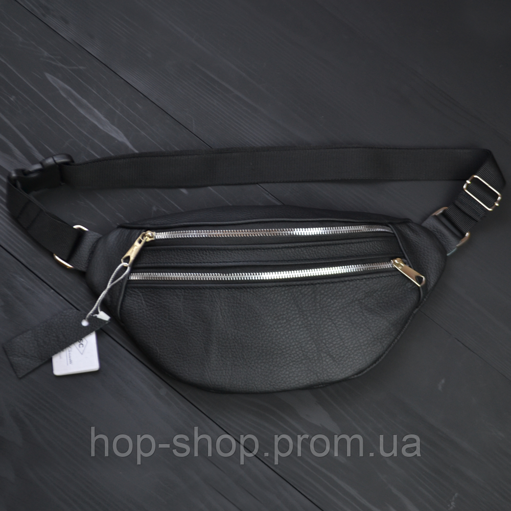Містка нагрудна сумка жіноча, чоловіча чорна барсетка з натуральної шкіри на пояс для бігу, фото 1