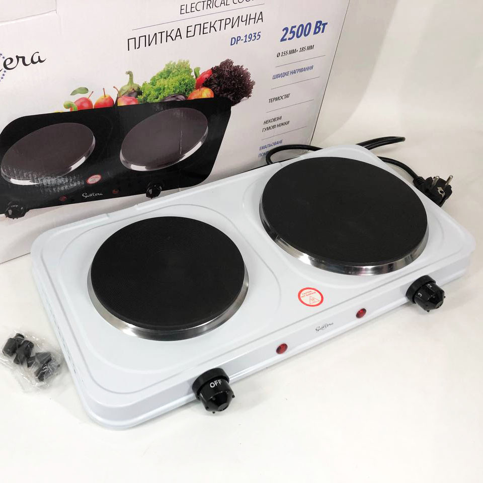 Плитка електрична Suntera DP-1935B, 2500W, 2 конфорки різного діаметру, 2 конфорки. Колір: білий, фото 1