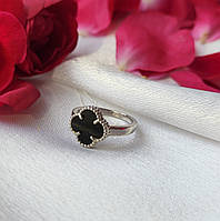 Кольцо серебряное женское колечко Цветок вставка оникс 17 размер серебро 925 покрыто родием кк2о/1024 3.20г