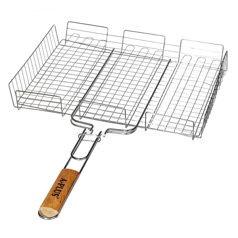 Сітка-барбекю для мангалу A-PLUS 1842 (30х25х5 см) із ручкою з дерева, фото 1