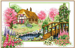 Набір для вишивки хрестом Весна пейзаж будинок 59*40,5 см Шовкова нитка  часткове заповнення