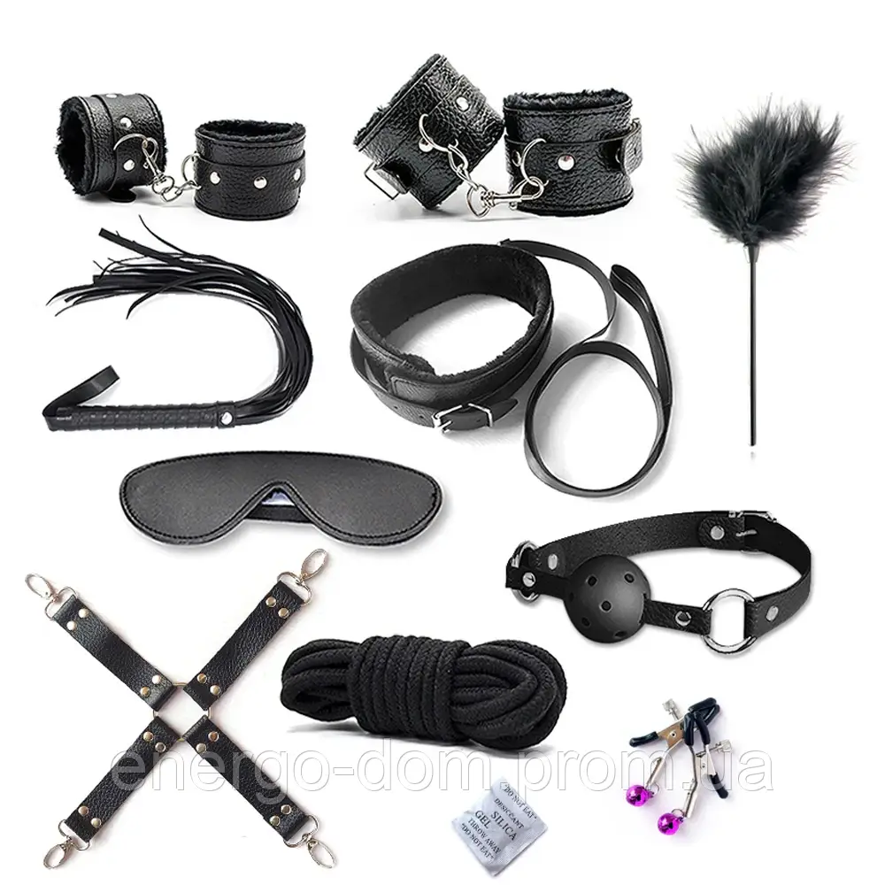 Набір БДСМ іграшки Садо мазо гри 10 в 1 BDSM плетка, кляп, мотузка, наручники, маска, нашийник. Чорний.