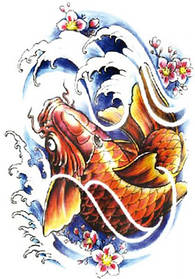 Тимчасове татуювання, японський короп коі та сакура, HB-706, 20х11 см. Перекладна наклейка на тіло.