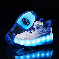 Роликові кросівки Led Fusion, що світяться, на 2 колесах, USB зарядка, у стилі heelys, біло-сині (RKL-15)