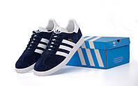 Мужские кроссовки низкие синие Adidas Gazelle. Замшевые кеды весна лето мужские синие Адидас Газель