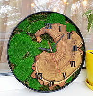 Часы в металлическом ободке со стабилизированным мхом, Настенные Часы из металла, дерева и мха, Эко Подарки