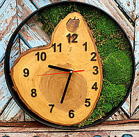Часы в металлическом каркасе со стабилизированным мхом, Настенные Часы из спила среза дерева и мха, Эко 35см