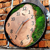 Годинник в металевому каркасі зі стабілізованим мохом, Настінний Годинник зі спила зріза дерева та моху, Еко