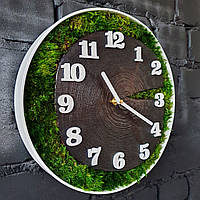 Настенные часы из металла и дерева, В металлическом ободке со спилом, срезом дерева, Часы в стиле Лофт со мхом