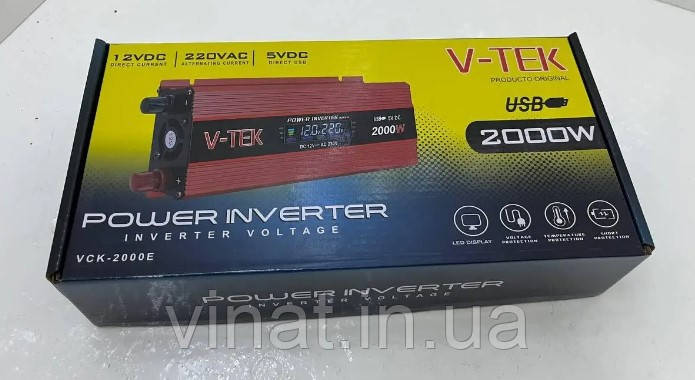 Перетворювач напруги V-TEK SPI-2000W, інвертор 12/220В з LED екраном, USB,