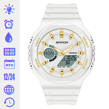 Годинник жіночий білий водонепроникний наручний з підсвічуванням Sanda, оригінальний спортивний жіночий годинник на руку