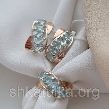 Срібний набір із золотими пластинами блакитними кубічними цирконами та топазами, фото 1