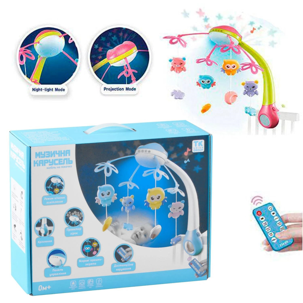 Карусель (Мобиль) на кроватку с проектором звездного неба, с пультом 20 мелодий 45492 Малиновая, фото 1
