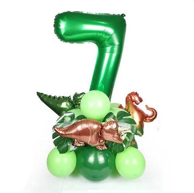 Цифра 7 на підставці із кульок з динозаврами | Салатовий