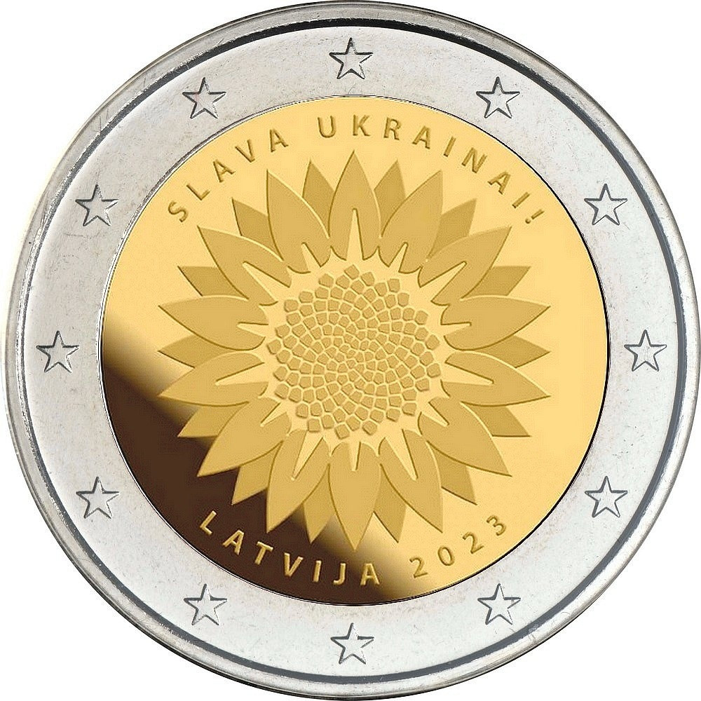 Монета 2 євро Соняшник для України 2023 року Латвія Slava Ukrainai