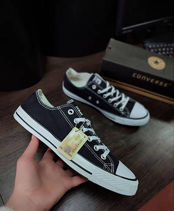 Кеди Converse All Star cotton текстиль КОТОН з логотипом чорно-білі низькі чоловічі унісекс, фото 3