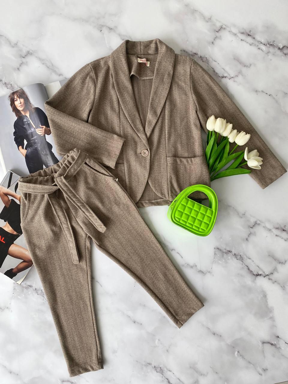 Стильний костюм двійка піджак і штани для дівчинки Бежевий , bad girl, Коричневий, Для дівчаток, Зима, 122, фото 1