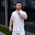 Чоловіча лляна сорочка біла класичний комір, молодіжна приталена з коротким рукавом, фото 2