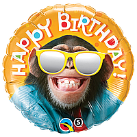 Фольгированный шарик Qualatex 18" (45 см) Круг Happy Birthday Обезьяна в очках