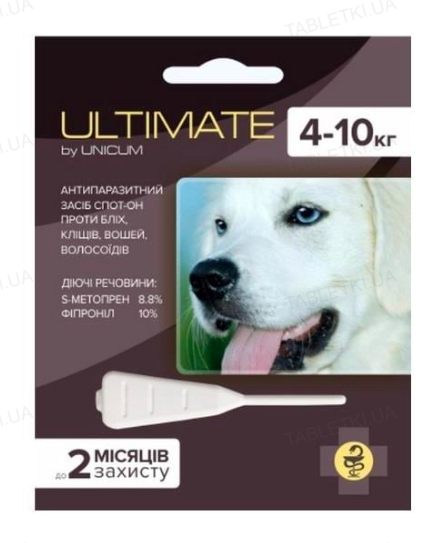 Краплі на холку Unicum Ultimate краплі від бліх, кліщів, вошей і волосоїдів, для собак вагою 4-10 кг, 0,8 мл
