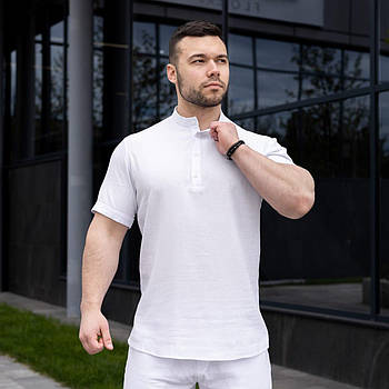 Чоловіча лляна сорочка біла комір-стійка молодіжна приталена з коротким рукавом