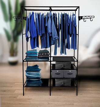 Підлогова вішалка для одягу Подвійна з полицями для взуття та гачками стійка для речей стелаж Чорна