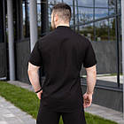 Чоловіча лляна сорочка чорна комір-стійка молодіжна приталена з коротким рукавом, фото 3