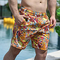 Мужские пляжные шорты желтые короткие яркие с принтом Multiki летние Плавательные шорты с сеткой