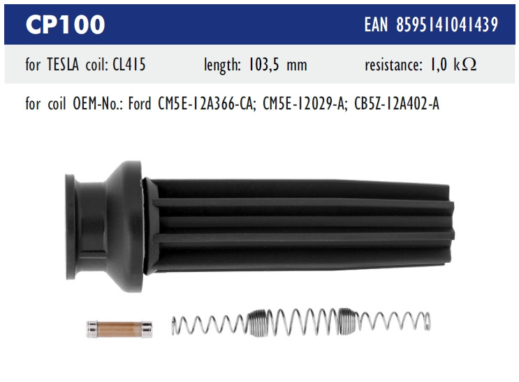 Наконечник котушки запалювання Tesla CP100 для FORD Focus III 2.0 ST 07.12 -, 2.0 Ti-Gdi 08.11 -, 2.0 Gdi 08.11 -, Galaxy 2.0, фото 1
