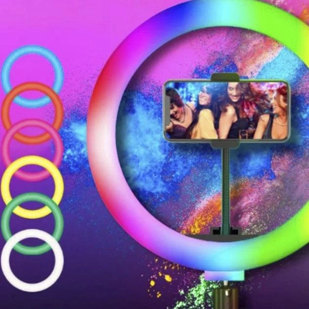 Світлодіодна 26 см кільцева RGB LED лампа MJ26 різнокольорова з одним 1 тримачем кріпленням для телефону, фото 1