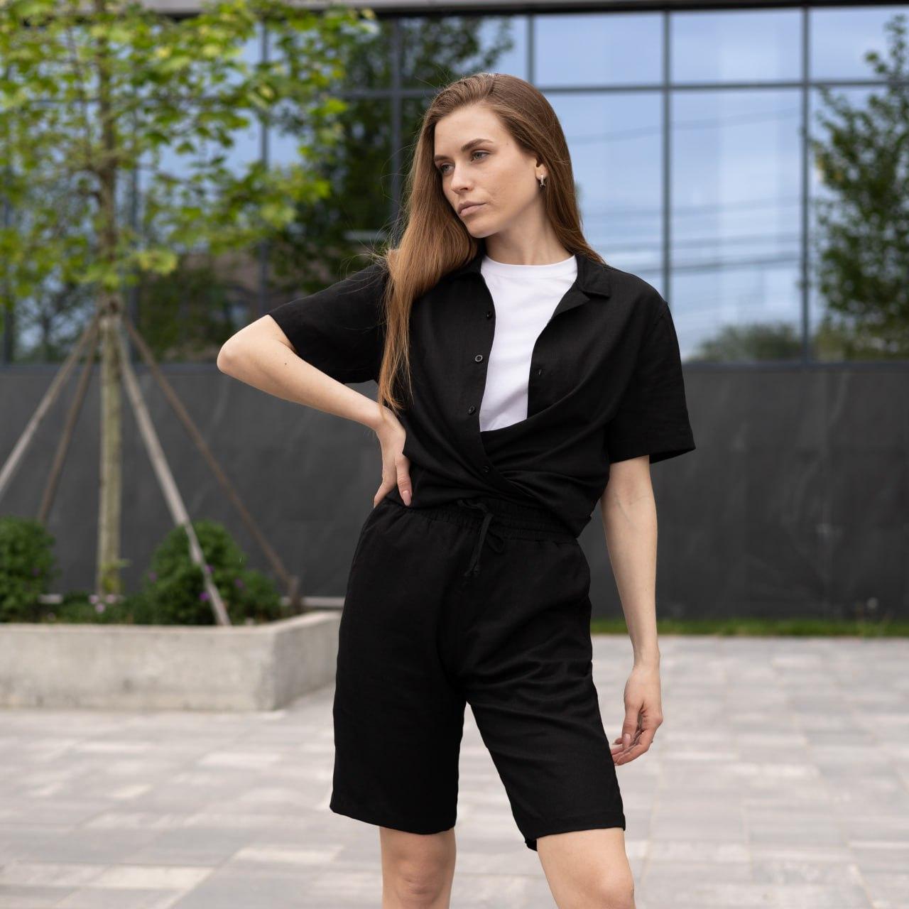 Жіночий літній костюм лляний Сорочка + Шорти чорний повсякденний, фото 1