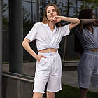 Жіночий літній костюм лляний Сорочка + Шорти білий повсякденний, фото 5