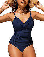 Красивий модний жіночий купальник цільний з ефектом утяжки чорний синій розміри 46 48 50 52 M L XL 2XL