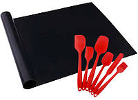 Комплект антипригарный коврик для BBQ Черный и Набор кухонных принадлежностей 6 в 1 Красный (n-1223)