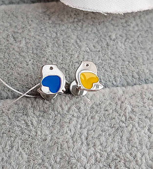 Сережки пусети срібні Пташечки із сердечком з блакитною та жовтою ємаллю
