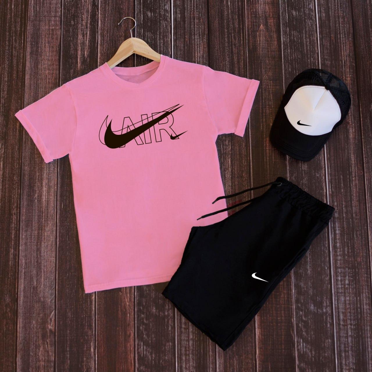 Комплект чоловічий футболка шорти кепка Nike рожевий-чорний спортивний костюм на літо найк повсякденний