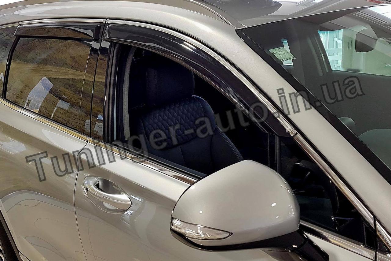 Дефлектори вікон (вітровики) з хромом молдингом Hyundai Santa Fe 2018- (Hic)