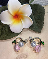 Оригинальные серьги-гвоздики с белыми жемчужинами и розовыми тюльпанами от студии LadyStyle.Biz