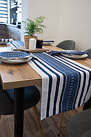Доріжка на стіл, ранер + 4 серветки, основа льон, орнамент блакитний