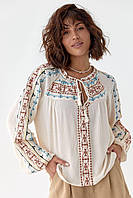 Женская бежевая блуза вышиванка с цветным узором и широкими рукавами (р. 42, 44) 82131024