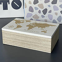 Шкатулка дерев'яна "Карта світа", прямокутна, Шкатулка для украшений "Карта мира" 1921-8