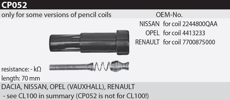 Наконечник котушки запалювання Tesla CP052 2244800QAA, 4413233, 7700875000 для DACIA, NISSAN, OPEL (VAUXHALL), RENAULT