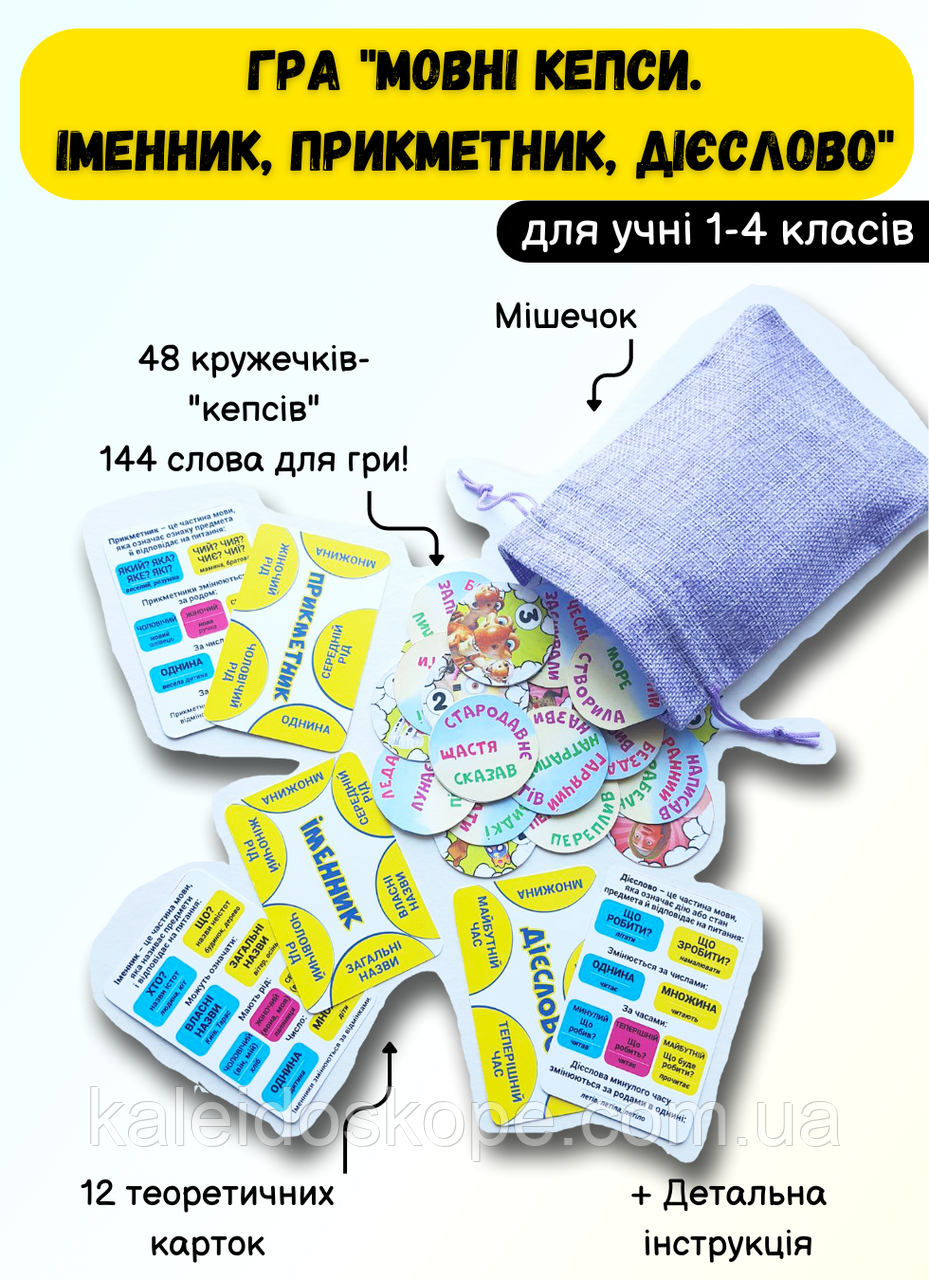 Гра «Мовні кепси. Іменник, прикметник, дієслово», фото 1