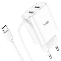 TU  TU Сетевое зарядное устройство Hoco C103A 2 USB белое с кабелем Type-C