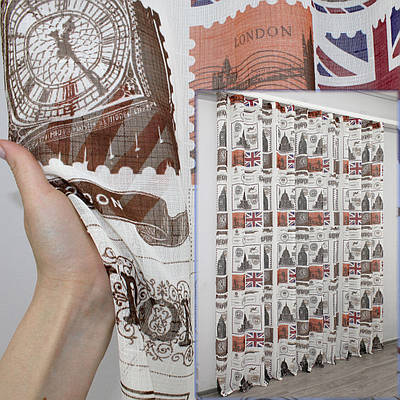 Тюль льон з принтом "Марки Лондон". Колір білий з різнокольоровим принтом. Код 910т