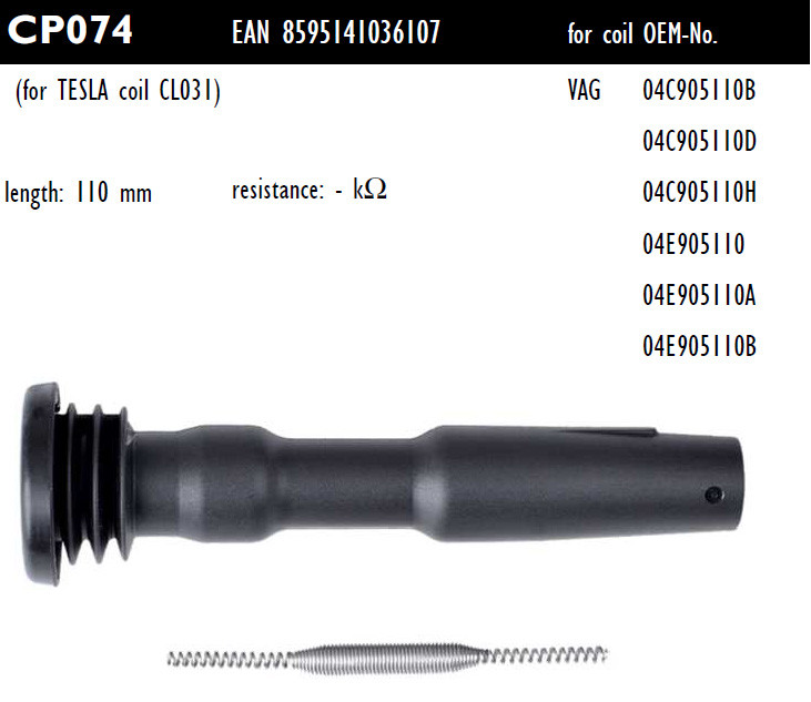 Наконечник котушки запалювання Tesla CP074 04C905110B, 04C905110D, 04C905110H, 04E905110, 04E905110A, 04E905110B, для AUDI A1, A3,, фото 1